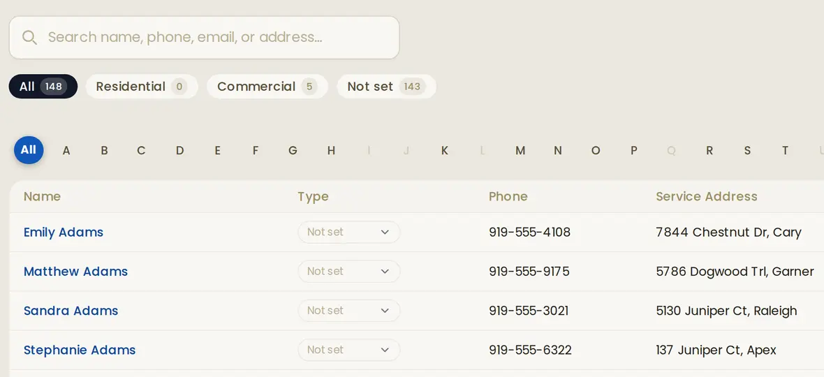 Vane's customer list with search, customer type filters and an A to Z bar