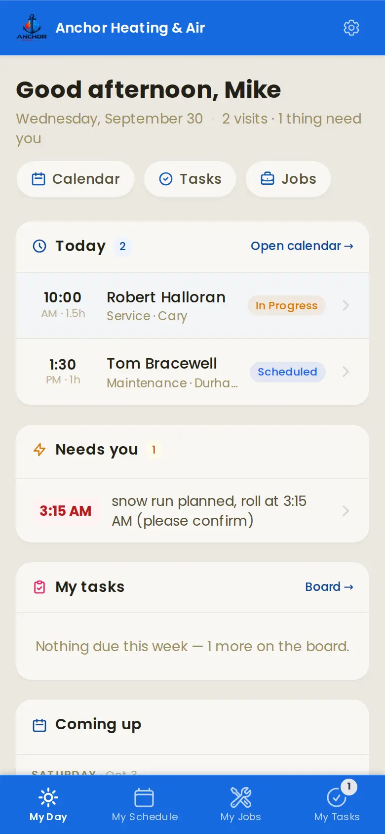 Mike's day on his phone: Robert Halloran at 10:00 in progress, Tom Bracewell at 1:30 next