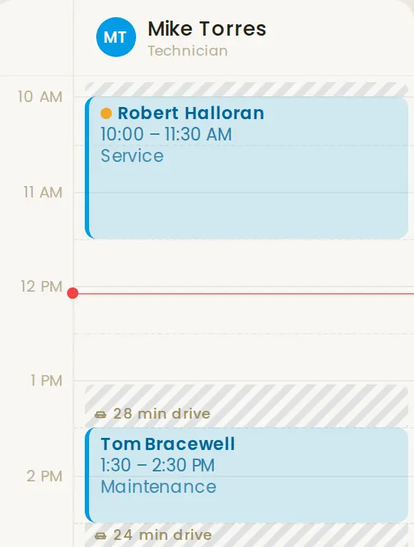 Mike Torres' day in Vane: Robert Halloran at 10:00, a striped 28 minute drive, then Tom Bracewell at 1:30