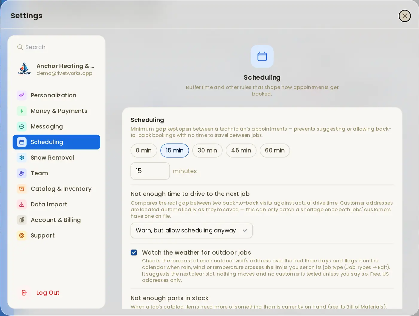 Vane's Settings, open on Scheduling: buffer time between visits, a warning when there isn't time to drive to the next job, and watching the weather for outdoor jobs