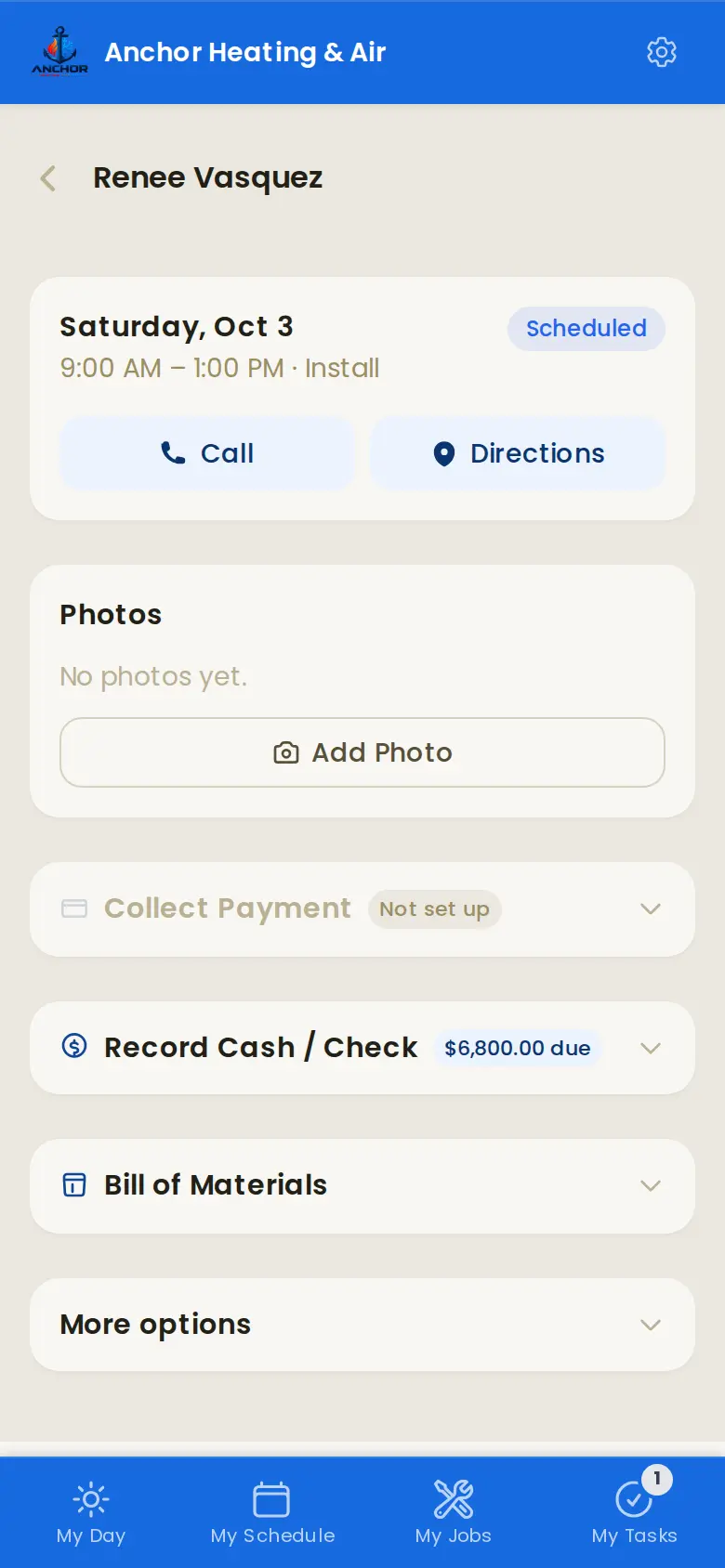 A job on a technician's phone in Vane: Call and Directions buttons, photos, payment, bill of materials and a Start Visit button