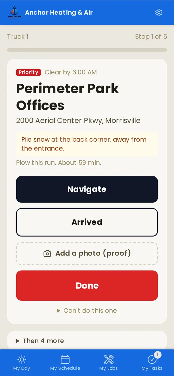 The driver's phone on the first stop: Perimeter Park Offices, Priority, clear by 6:00, a note on where to pile snow, and Navigate, Arrived, Add a photo and Done buttons.
