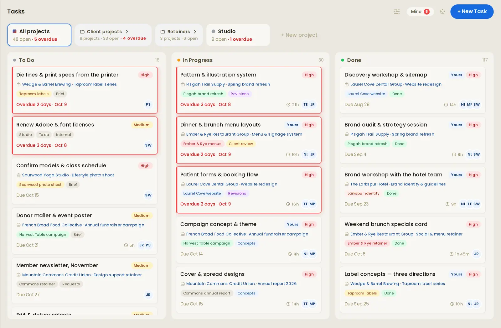 The task board on the Studio demo: To Do, In Progress and Done columns, each card tagged with its client and project, a stage like Brief, Concepts, Client review or Revisions, the due date, hours logged and who's on it.