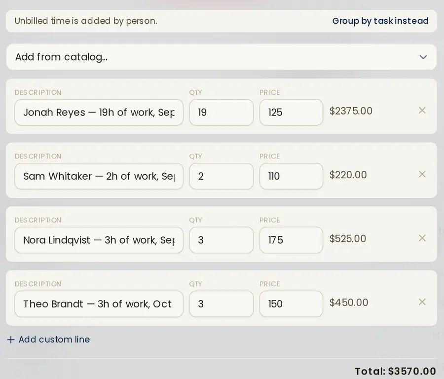 The new invoice that button opens: one line per person, with hours and rate filled in from the time, totalling $3,570.