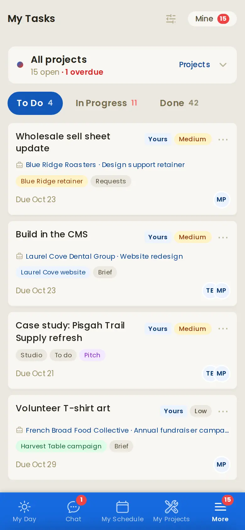 The designer's own tasks on their phone, in To Do, In Progress and Done tabs, each with its client, project and due date.