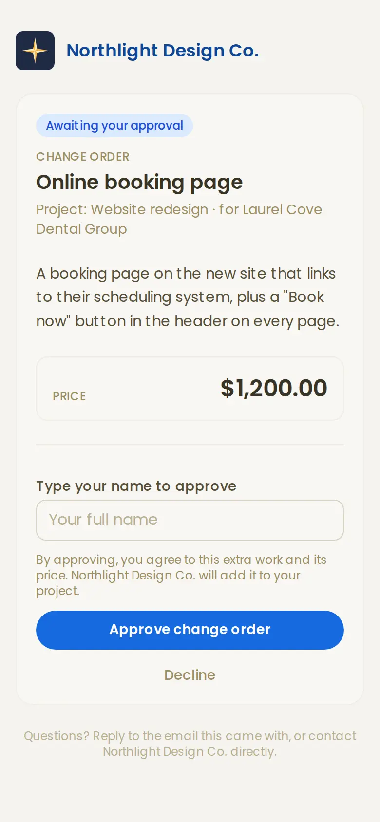 A change order on the client's phone: an online booking page for $1,200, with a box to type their name and approve.