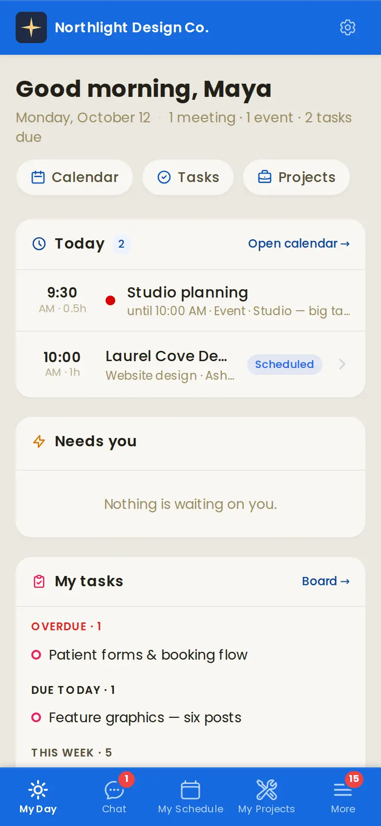 My Day on a designer's phone: today's studio planning and a client meeting, an overdue task, one due today and five more this week.