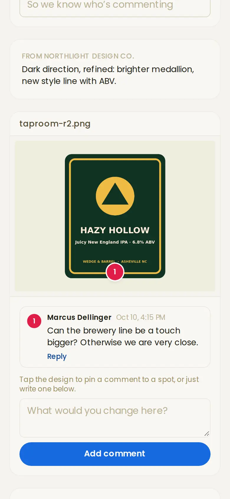The same proof on the client's phone: the label with a numbered pin, the comment, and a box to add their own.